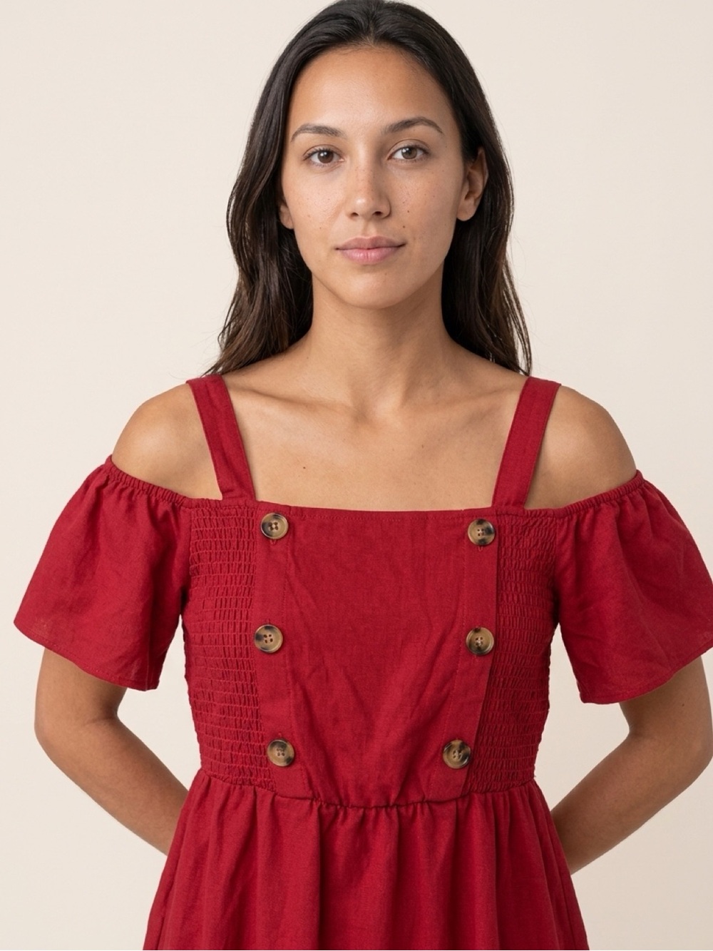 Off-Shoulder Red Button-Front Women's Top